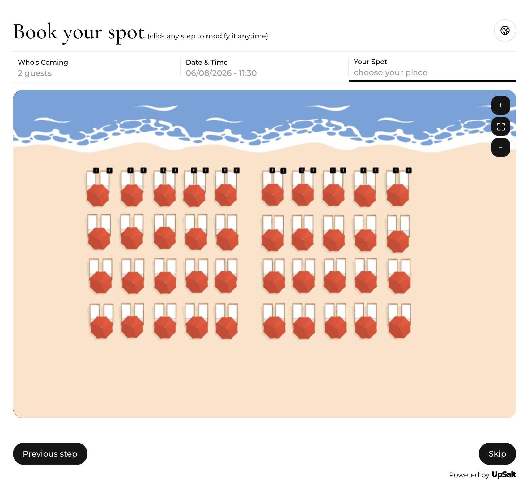 UpSalt Reserva con un mapa visual de la playa