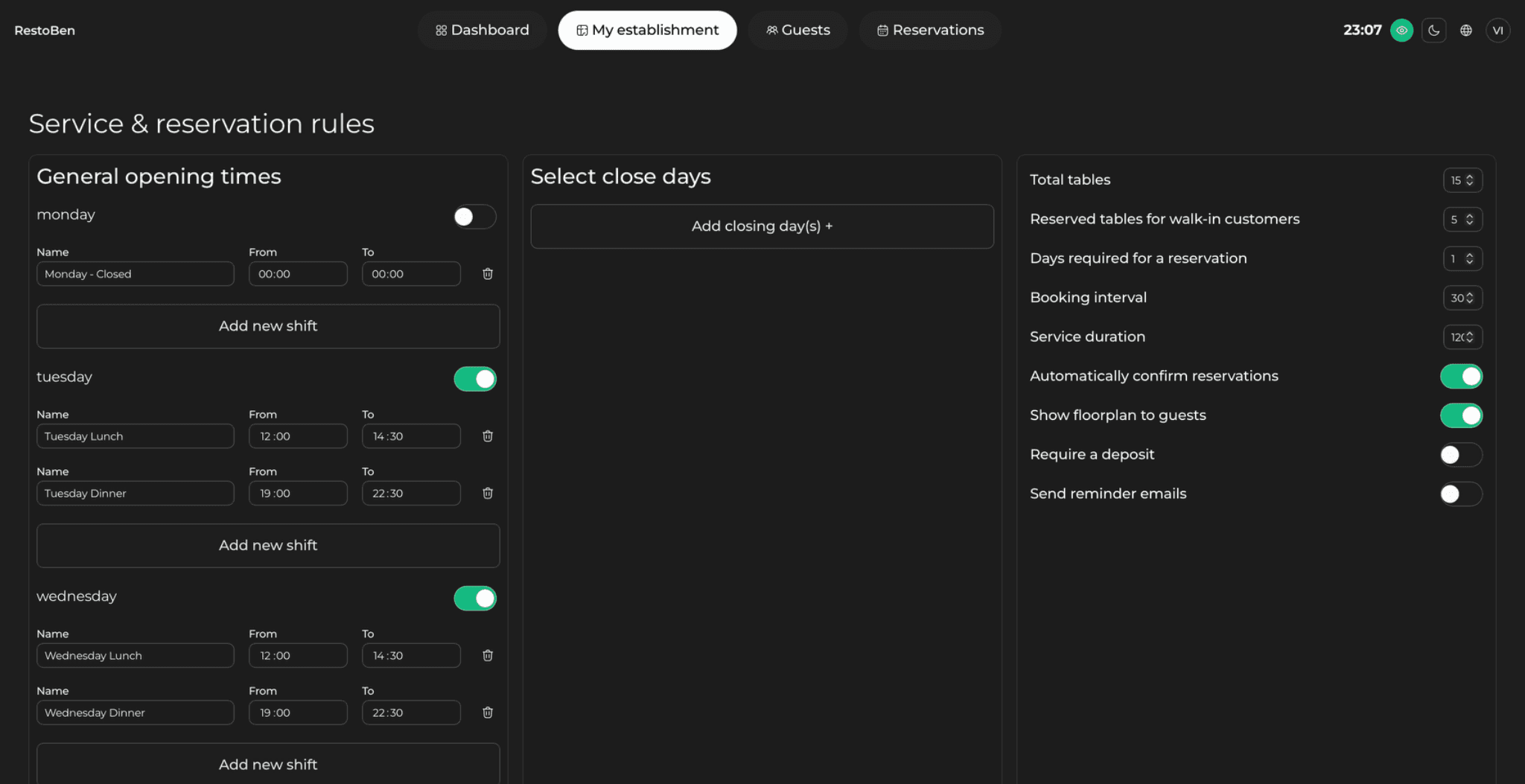 Actual UpSalt service and reservation-rules configuration screen