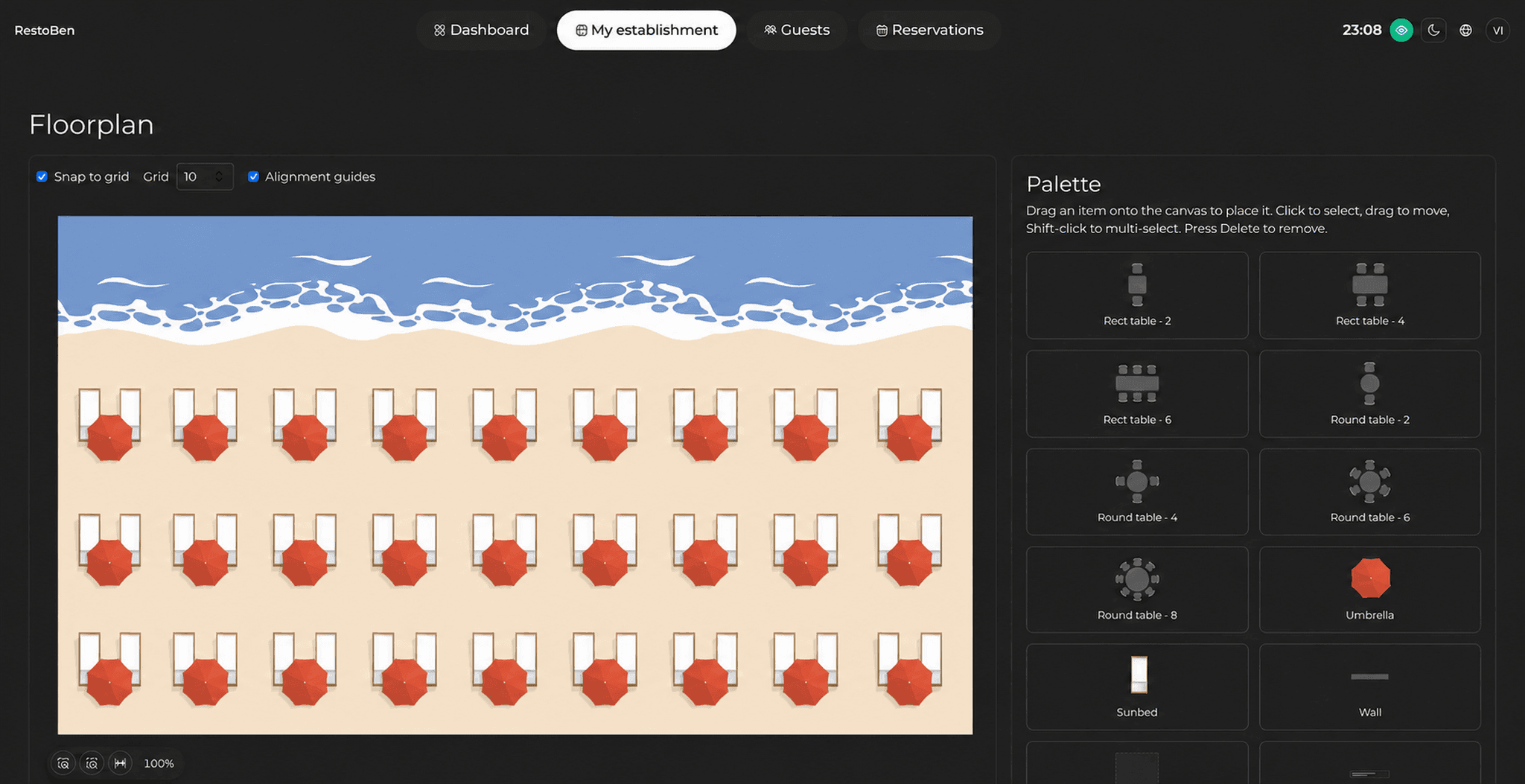 Actual editor de planta UpSalt con diseño de playa y paleta de inventario